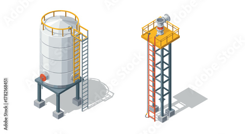 Isometric industrial storage tank and tower with ladders and platforms in a modern design
