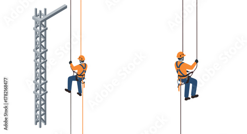 Isometric climbers scaling structure with safety gear