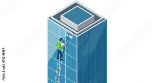 Modern building facade maintenance in isometric style with worker on ladder