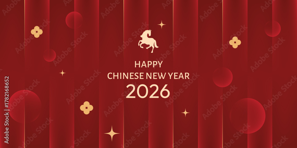Naklejka premium Chinese New Year 2026 greeting card design featuring a golden horse on a red background with festive decorations and glowing elements. Elegant modern style celebrating the Year of the Horse.