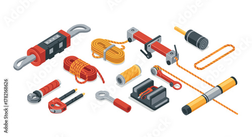 Isometric set of industrial equipment and tools for rigging and lifting