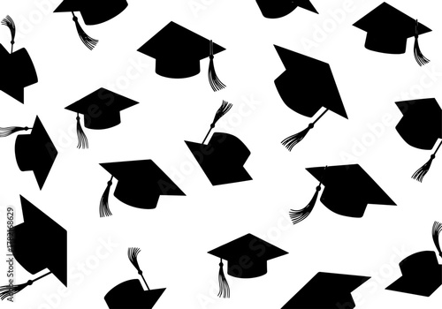 A celebratory pattern of black graduation cap silhouettes tossed and scattered randomly against a clean white background