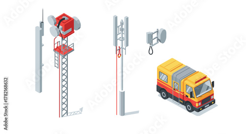 Isometric communication towers and service vehicle for mobile connectivity networks