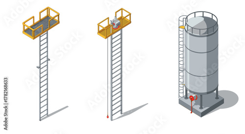 Isometric industrial structures with ladders and safety railings in detail