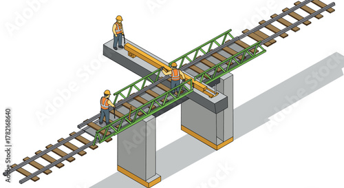 Construction workers building railway bridge in isometric style with safety equipment