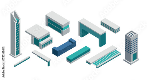Isometric modern architecture elements in 3d style for urban design projects