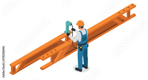 Isometric construction worker operating drill on steel beam