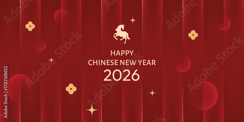 Chinese New Year 2026 greeting card design featuring a golden horse on a red background with festive decorations and glowing elements. Elegant modern style celebrating the Year of the Horse.