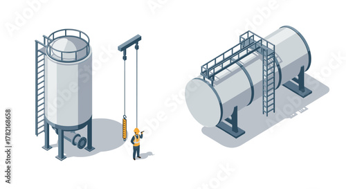 Industrial equipment with worker in isometric style cylindrical tank and horizontal container