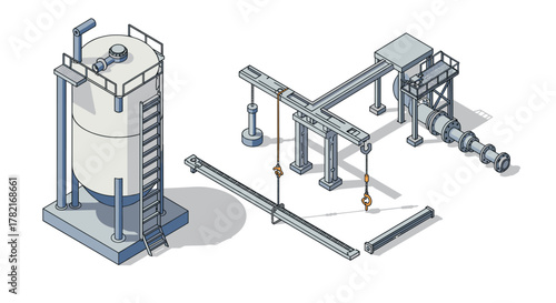 Isometric industrial equipment with crane and storage tank on a white background