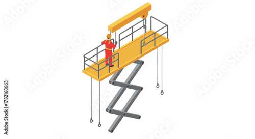 Isometric construction platform with worker on yellow lift for industrial safety