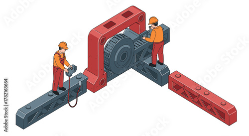 Workers assembling machinery in isometric style with industrial precision