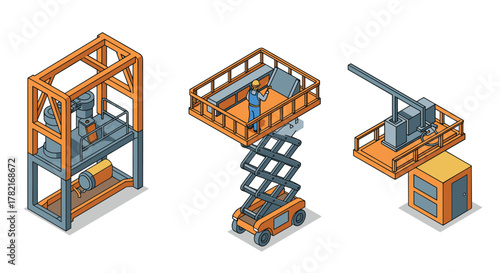 Industrial equipment set featuring isometric scissor lift and hydraulic press