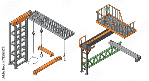 Isometric construction equipment elements with cranes and platforms