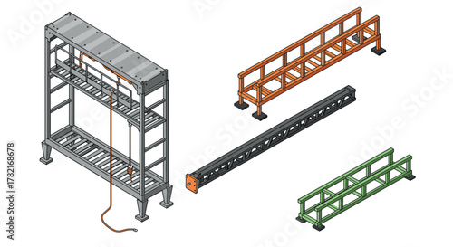 Industrial isometric rack and guardrails set for safety construction and design projects