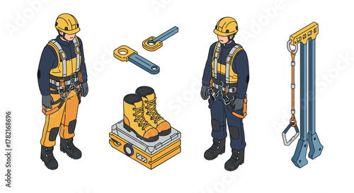 Construction worker safety equipment in isometric style