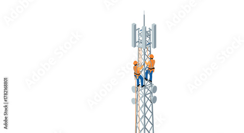 Technicians working on telecommunications tower with safety gear and equipment in isometric style