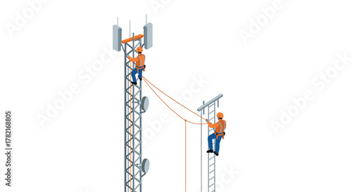 Workers climbing communication towers in safety gear with tools in isometric design
