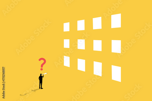 Concept of businessman choosing the right gate. Direction way concept. Symbol of new job, success, ambition and motivation. Planning and strategy