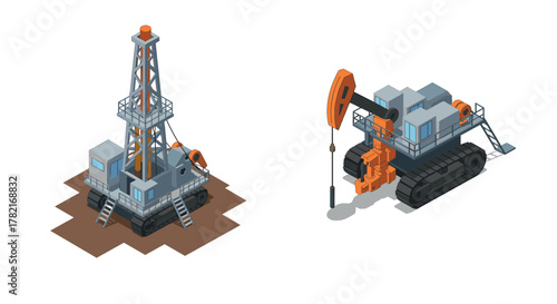 Isometric oil drilling and pumping rig machines on white background