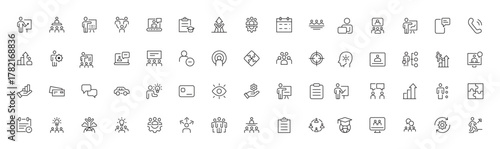 Set of Workshop and Coaching line icons. Outline icon collection related to training, coaching, mentoring, education, meetings, conferences, and teamwork.