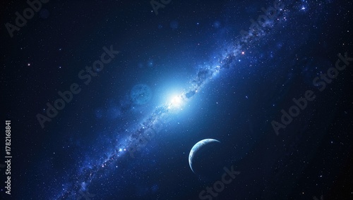 Fototapeta Naklejka Na Ścianę i Meble -  Two-dimensional image of interstellar space with bright stars, planets, moons, and comets, suitable for science fiction backgrounds