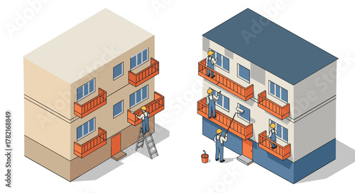 Isometric building renovation scene with workers painting and repairing apartments