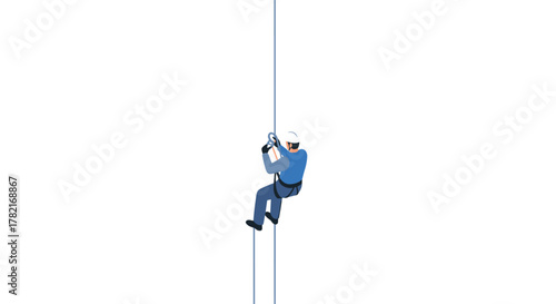 Climber descending with rope and harness in minimalist flat style