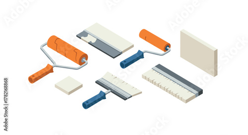Isometric painting tools paint rollers, scrapers, and more for home renovation