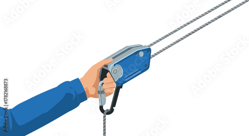 Hand holding zip line trolley clip art on steel cable