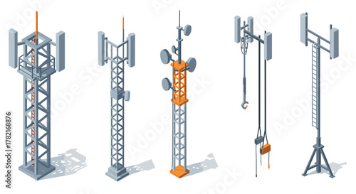 Isometric industrial communication towers set with antennas and satellite dishes