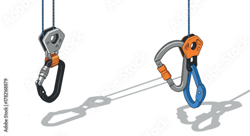 Colorful climbing gear detailed carabiners with shadows on white background