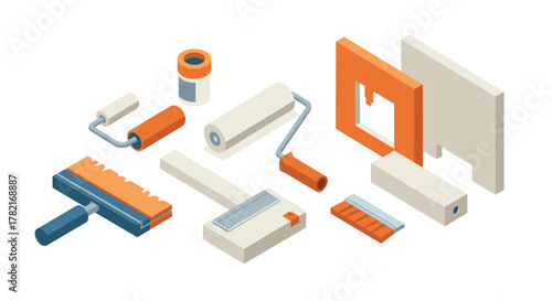 Isometric painting tools rollers, brushes, and frames in bright colors