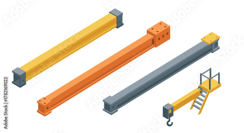 Isometric industrial construction beams with crane and stair attachment