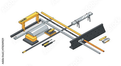 Industrial tools in isometric view with modern geometric design and engineering equipment
