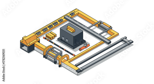 Isometric factory assembly line with industrial equipment and conveyor belts