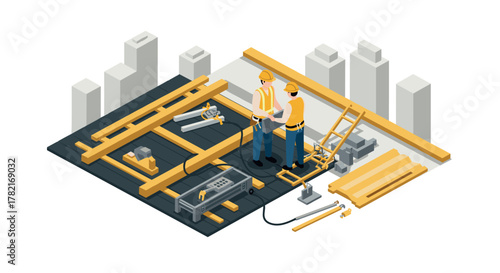Construction workers collaborating on urban building project in isometric style