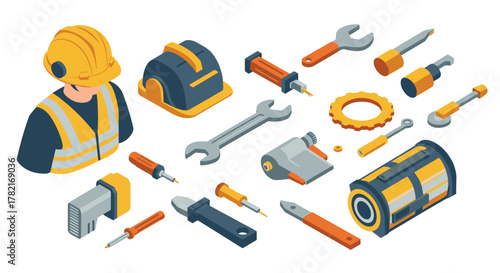 Isometric construction tools and worker equipment set on white background