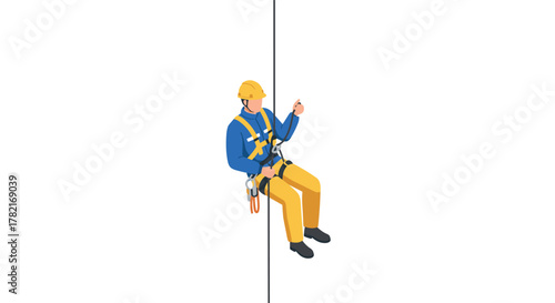 Worker in safety gear rappelling down rope on white background  isometric design