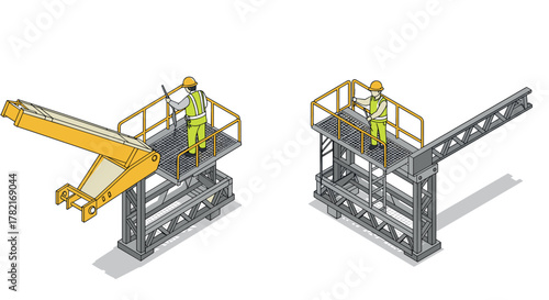Construction workers on elevated platforms analyzing sketches in isometric view