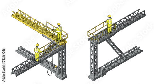 Construction worker on modern metal scaffolding in isometric design