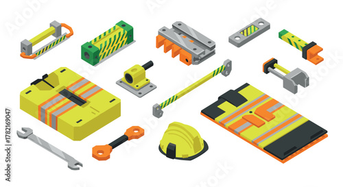 Construction tools isometric set with safety equipment and machinery elements