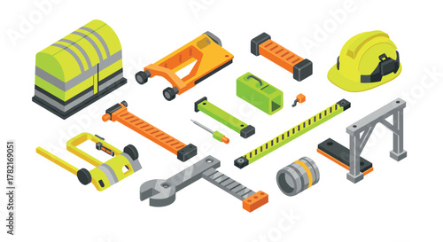 Isometric construction tools and safety gear set for building projects