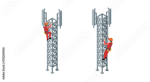 Isometric telecommunications technicians climbing antenna towers
