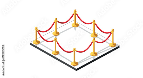 Luxurious red carpet event scene with golden stanchions and velvet ropes in isometric design