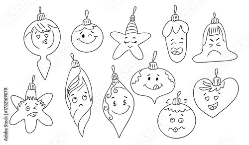 Christmas tree ornaments with various emotional faces in black and white outline style. Concept of festive decoration, emotional expression and holiday coloring activity