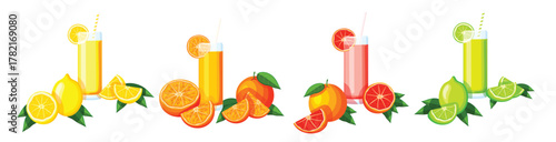 set citrus drinks in cartoon style lemon lime grapefruit