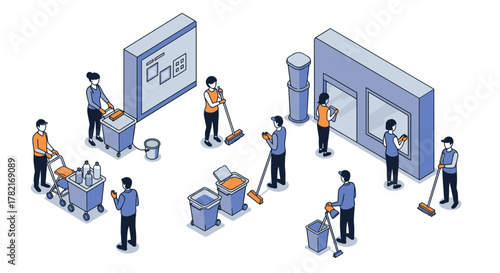 Isometric janitorial team cleaning modern office space with equipment