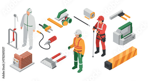 Isometric construction tools and workers with safety gear and machinery