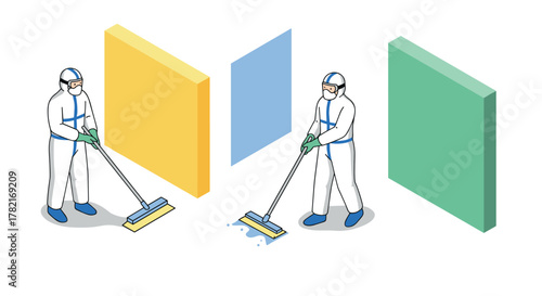 Isometric cleanroom workers performing sanitization with mops